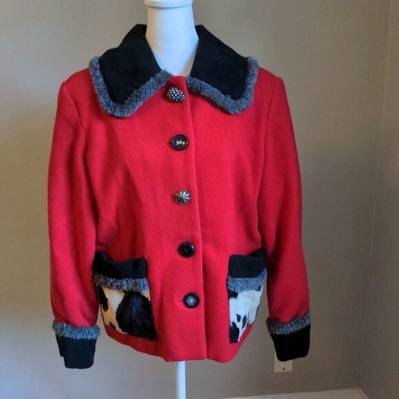 Vintage 90s Mailk Wool Jacket Cow Print Blazer Art to Wear Cottagecore Small - Picture 13 of 14